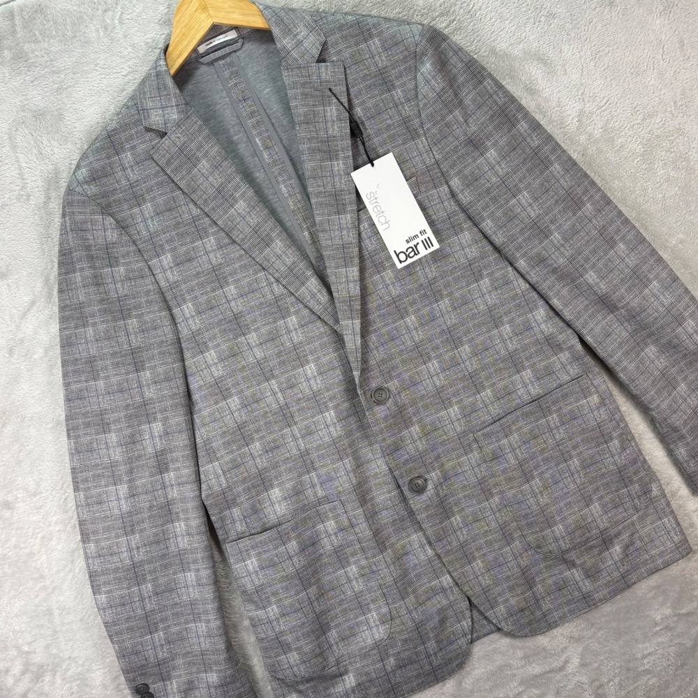 Bar III Men's‎ 42L Gray Plaid Slim Fit Stretch Blazer Sport Coat Jacket NWT